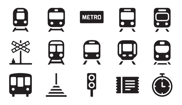 Train and metro transportation icons set featuring black silhouettes on transparent background for navigation map design.