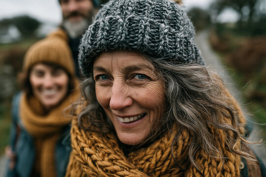 Portrait of a senior woman wearing a knitted hat and scarf outdoors with older woman