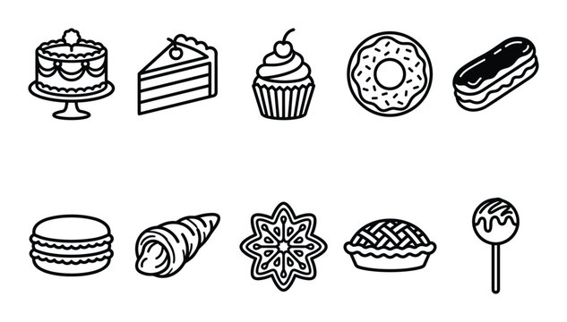 Minimalist black outline dessert and sweet confectionery icon set featuring cakes pastries donuts macarons and confectionery line symbols
