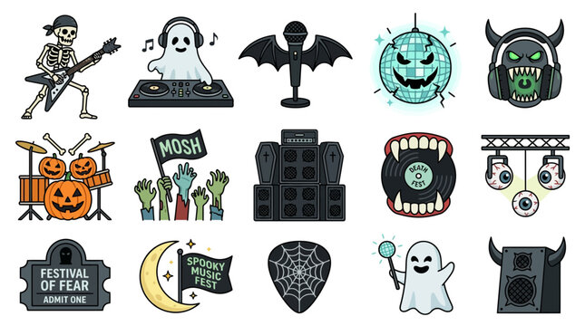 Spooky halloween musical festival vector illustration collection featuring scary monsters skeletons ghosts and fun concert icons