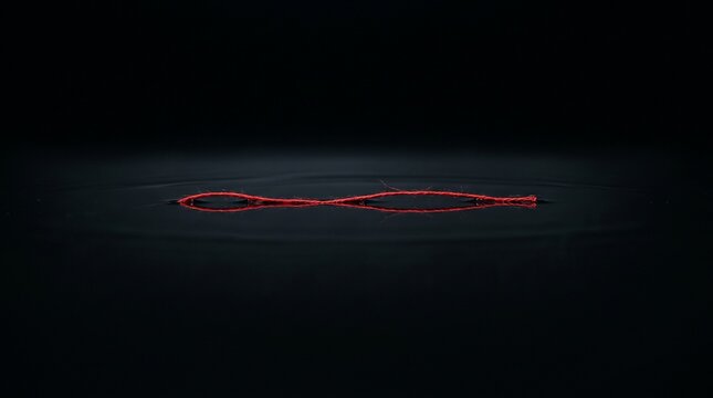 Red thread, floating thread, thread on water, Delicate Red Thread Floating on Dark Calm Water Surface in Minimalist Dark Tone Indonesia, red thread, floating, dark water, connection, minimalist, fate