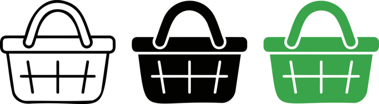 Shopping basket icons in outline, black, and green for retail, e-commerce, and market purchases.