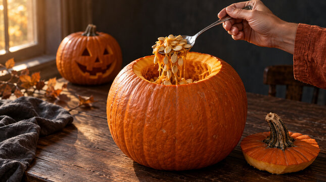 Mano extrayendo semillas de calabaza para farol festivo