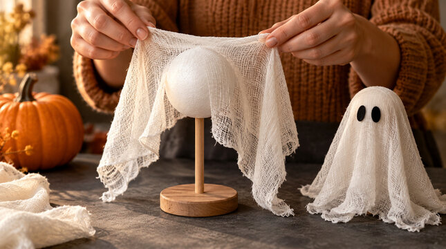 Manos cubriendo esfera con gasa para fantasma decorativo