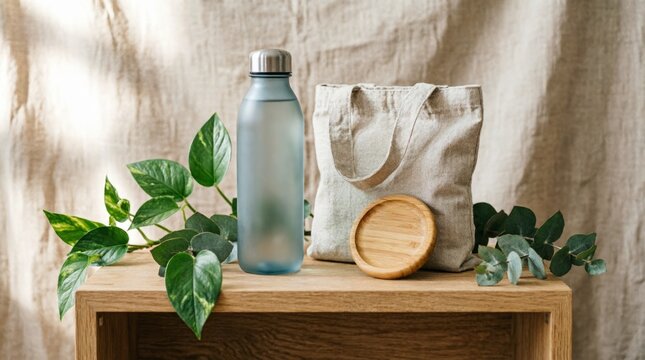 Eco Friendly Water Bottle And Canvas Tote On Wooden Table With Green Plants For Sustainable Living