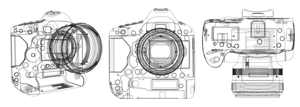 Technical Wireframe Camera Illustration Showing Multiple Views of DSLR Lens and Body Blueprint