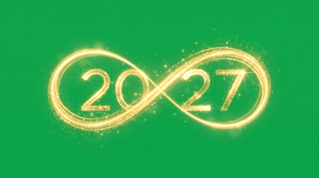 Magical golden sparkle dust trail forming an infinity loop with 2027 numbers on green screen background