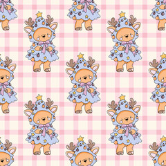 Christmas reindeer in tree costume on pink gingham seamless pattern © Marie