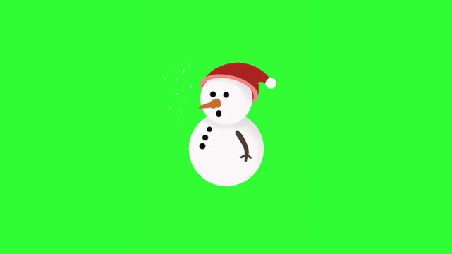 Green screen animation of a snowman wearing a snow hat and scattering snow.