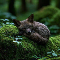 Obraz premium baby fox sleeping curled up in moss on a forest log, peaceful wildlife scene, cinematic detail, young fox resting in woodland