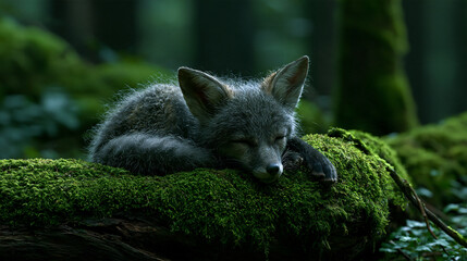 Fototapeta premium baby fox sleeping curled up in moss on a forest log, peaceful wildlife scene, cinematic detail, young fox resting in woodland