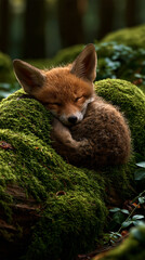 Obraz premium baby fox sleeping curled up in moss on a forest log, peaceful wildlife scene, cinematic detail, young fox resting in woodland