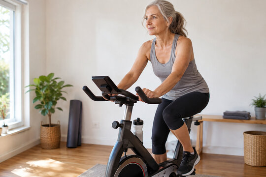 Mature woman exercising on a stationary bicycle at home