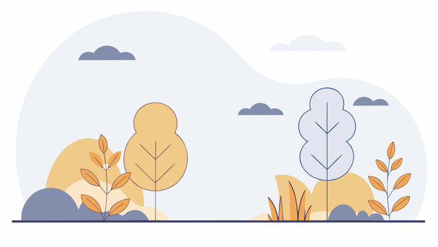 Landscape illustration featuring stylized trees, rolling hills, and fluffy clouds against a minimal background.