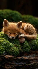 Obraz premium baby fox sleeping curled up in moss on a forest log, peaceful wildlife scene, cinematic detail, young fox resting in woodland