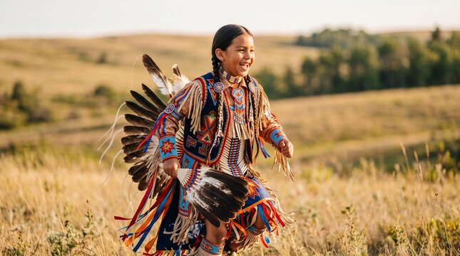 Indigenous child wearing traditional
clothing, Native American girl dancing in traditional dress on grassy field outdoors  