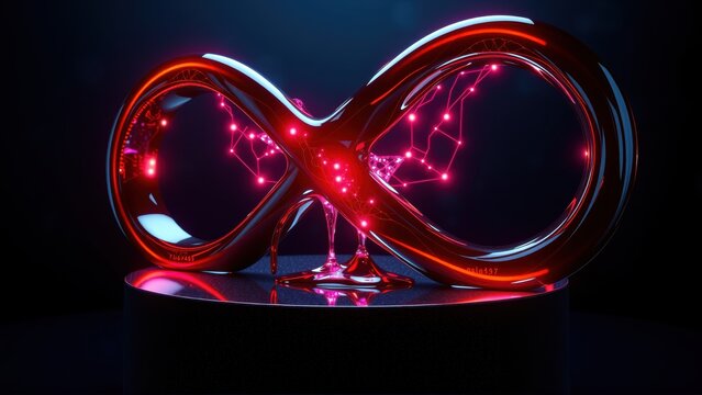 Glossy red infinity symbol rests upon dark pedestal. Internal glowing connections suggest network, technology, or endless possibilities. Dramatic lighting enhances visual impact.