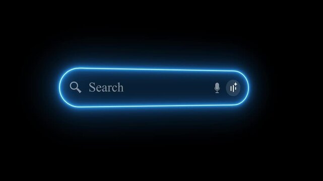 A glowing blue neon search bar with the text "+ Search" and icons for microphone and voice input on alpha transparent background
