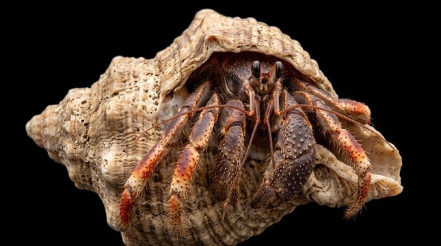 Hermit crab macro photography in spiral seashell against black background.