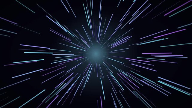 Abstract warp speed effect with purple and blue light streaks emanating from a central bright light source in deep space