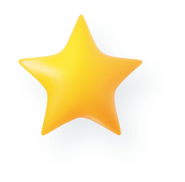 Glossy 3D yellow star on light background. Decorative rating vector element.