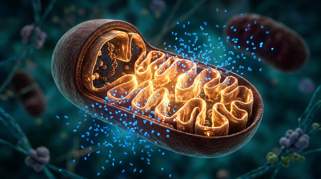 Detailed illustration of mitochondria inside human cell with glowing internal membrane structure