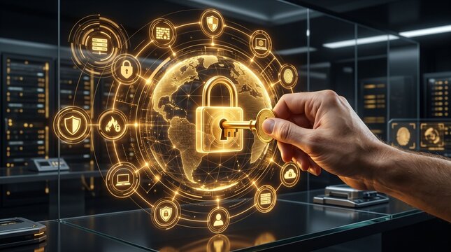 Human hand unlocking glowing golden padlock with key over world map symbolizing global cybersecurity and data privacy