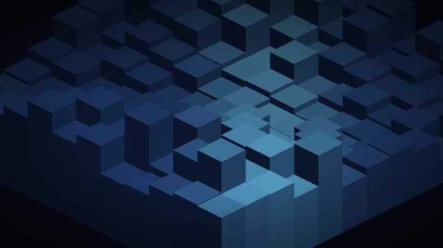 Abstract 3D isometric cityscape with blue glass towers and geometric shapes in a dark background