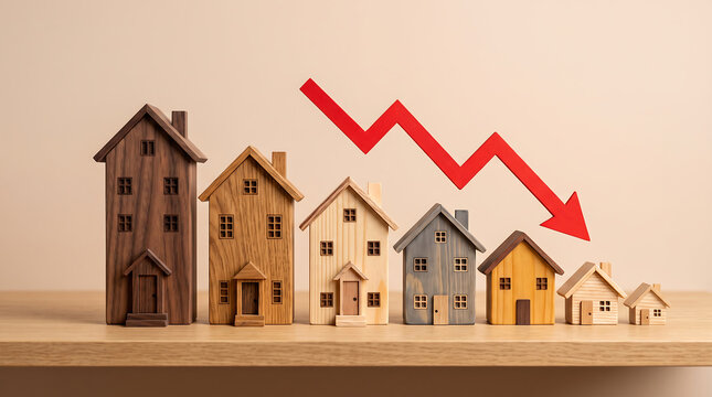 Miniature houses arranged showing decreasing size with downward trend arrow graphic