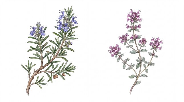 Botanical illustration of fresh rosemary and thyme herbs, vibrant green leaves with purple flowers, isolated on a clean white background, ideal for culinary and natural health designs