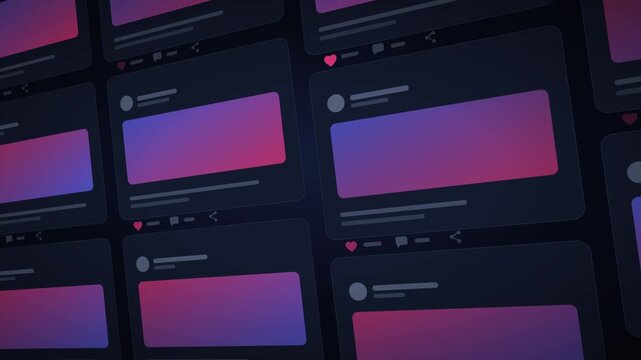 Social media feed wall with gradient posts and interaction icons in a dark theme