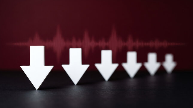 Series of white downward arrows against red gradient sound wave background