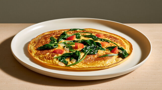 Vegetable omelette with spinach and tomatoes on a white plate