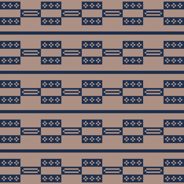 Navy Blue and Beige Pixel Geometric Cross-Stitch Native Ethnic Pattern Vector Illustration