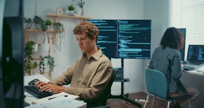 Group Adult male, female freelance typing write prompt AI bot IT app smart program nomad, video game, terminal with coding language, user interface, designer, big data center on desktop computer.