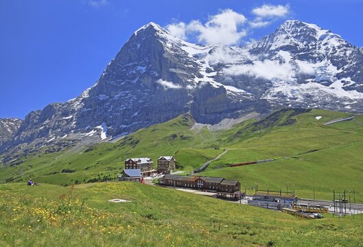 Kleine Scheidegg with mountain railway station in front of the Eiger and M&ouml;nch, Wengen, Jungfrau region, Bernese Alps, Bernese Oberland, Canton of Bern, Switzerland, UNESCO World Natural Heritage