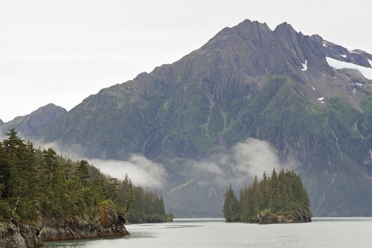 Temperate coastal rainforest, dense clouds and mountains, Valdez, Alaska, USA