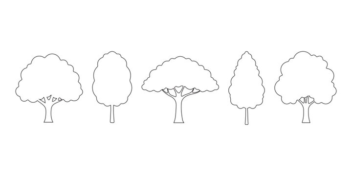 Set of five different tree silhouettes, simple black outline icons