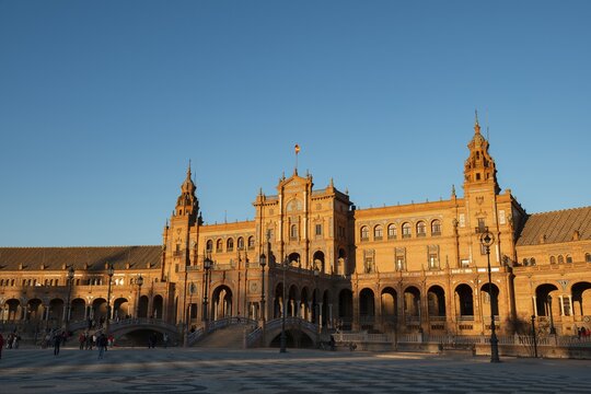 Main building at Plaza de Espa&ntilde;a in the evening light, sunset, Sevilla, Andalusia, Spain