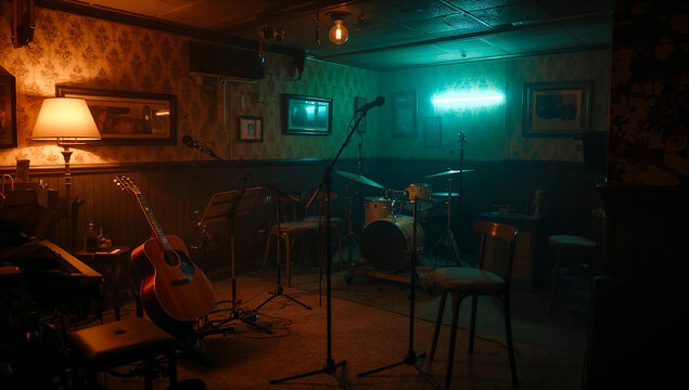 Atmospheric music venue stage with instruments and neon lighting