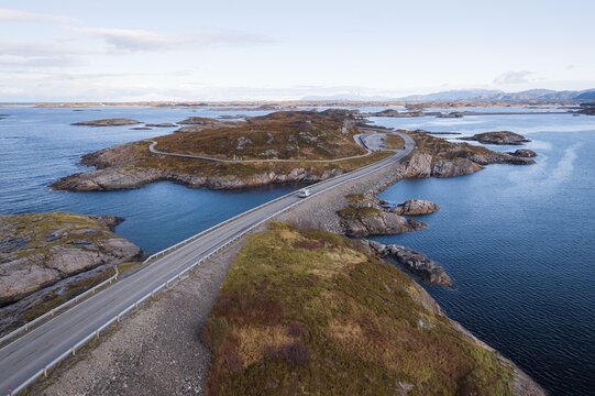 UAV recording, campervan on the island link road Atlantic Ocean Road, Vevang, Norway