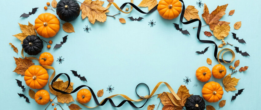 Halloween Decorative Frame: Pumpkins, Bats, Autumn Leaves, Ribbons on Blue