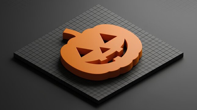 Minimalist 3D orange pumpkin jack-o-lantern icon on a dark gridded isometric platform.