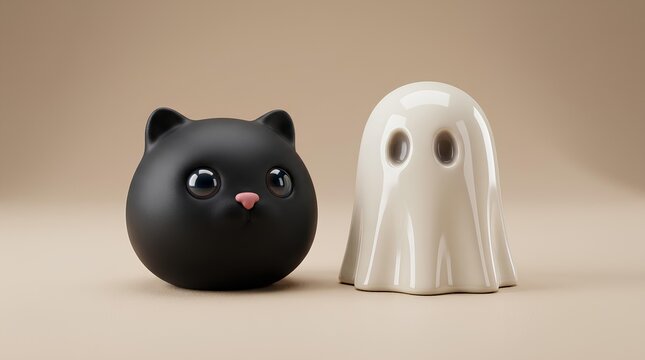 Minimalist 3D render of cute black cat head and white ghost character on beige background.