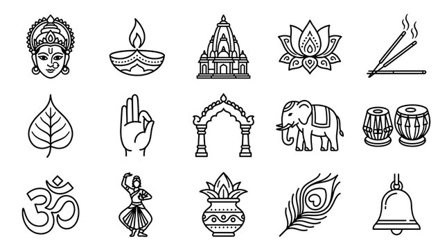 Minimalist black line art icons representing Indian culture religion and Diwali festival elements.