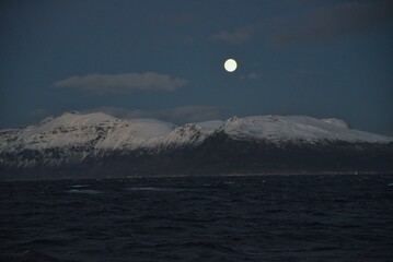 Full moon shining over snow covered mountains and dark ocean waters at night  © youness