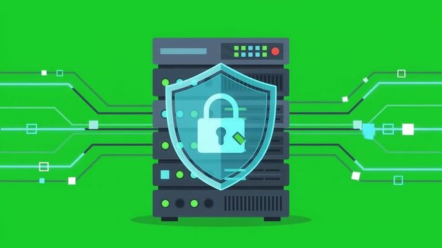 Cybersecurity server animation with protective digital shield, data protection on green screen