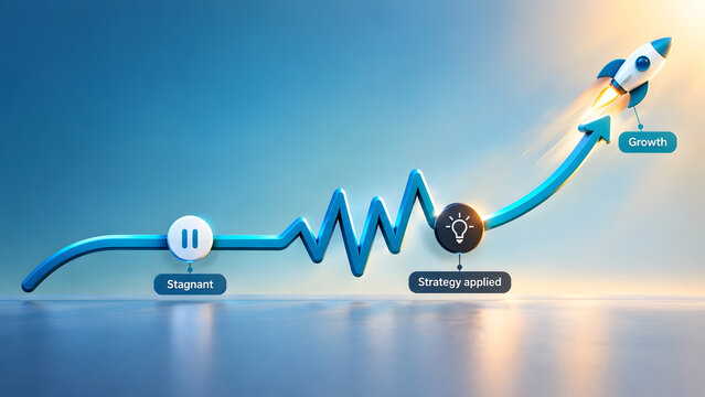 Business strategy growth concept showing 3d ascending arrow chart with rocket launch, transitioning from stagnant phase to financial success
