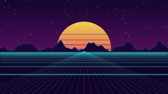 Retro sunset over a neon grid landscape with mountains and stars in a synthwave style