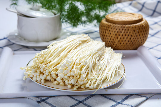 Fresh Enoki Mushrooms White Plate Raw Vegetable Still Life